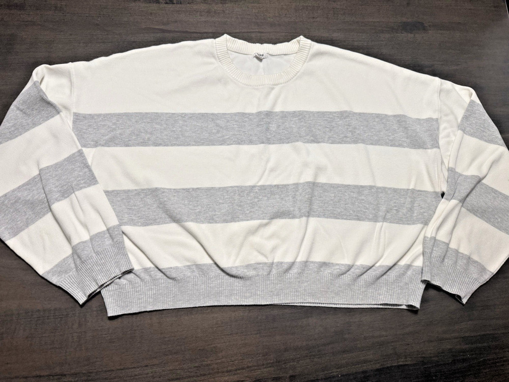 Garage Gray White Striped Cropped Knit Sweater XL Long Sleeve Coastal Preppy